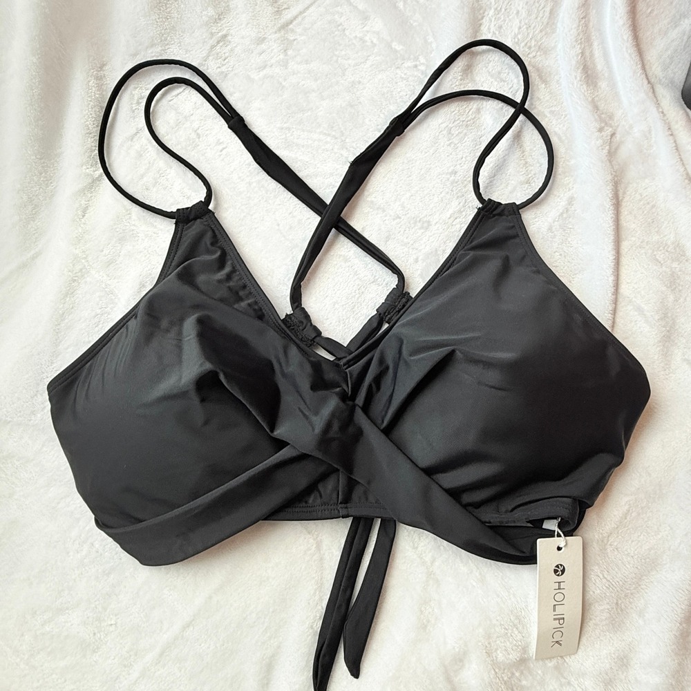 Holipick Black Wrap Bikini Top NWT Criss Cross Strappy Swimwear 18